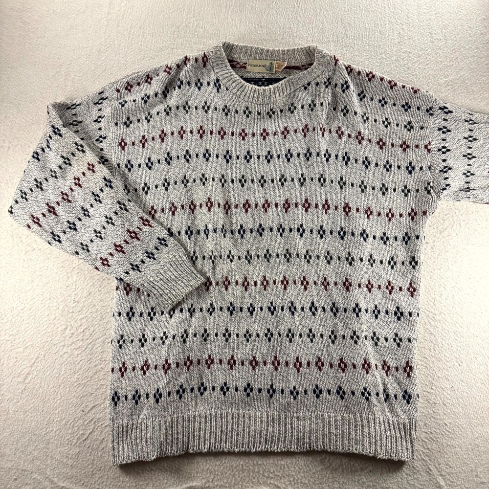 Fieldmaster Knit Sweater Mens XL Gray Geometric Vintage 90s Good Cotton Crewneck